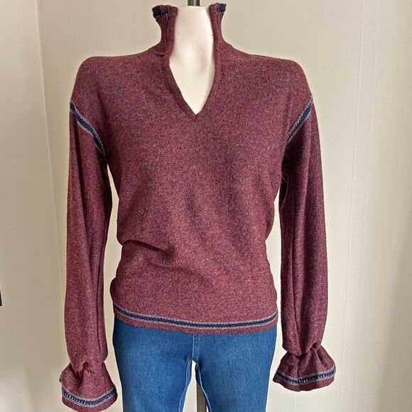 Vintage Sweaters - Vintage 70s Miss Pernilla Burgundy Knit Puff Sleeve Ruffle Cuff Sweater